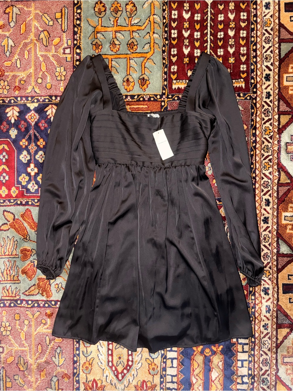 Abercrombie & Fitch Black Satin Midi Dress with Puff Sleeves